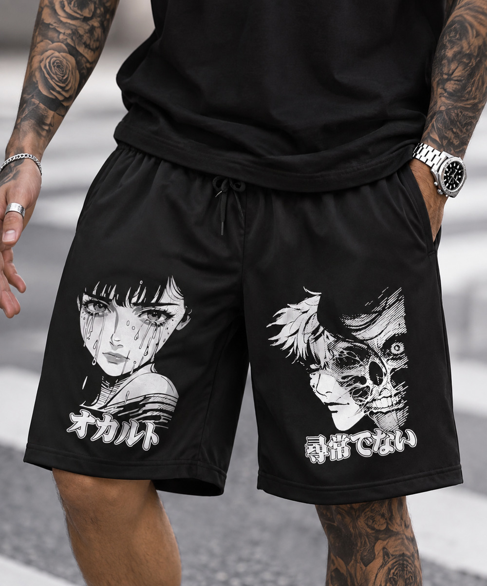 Anime Manga Graphic Black Drawstring Bermuda Shorts Japanese Unisex Black XL